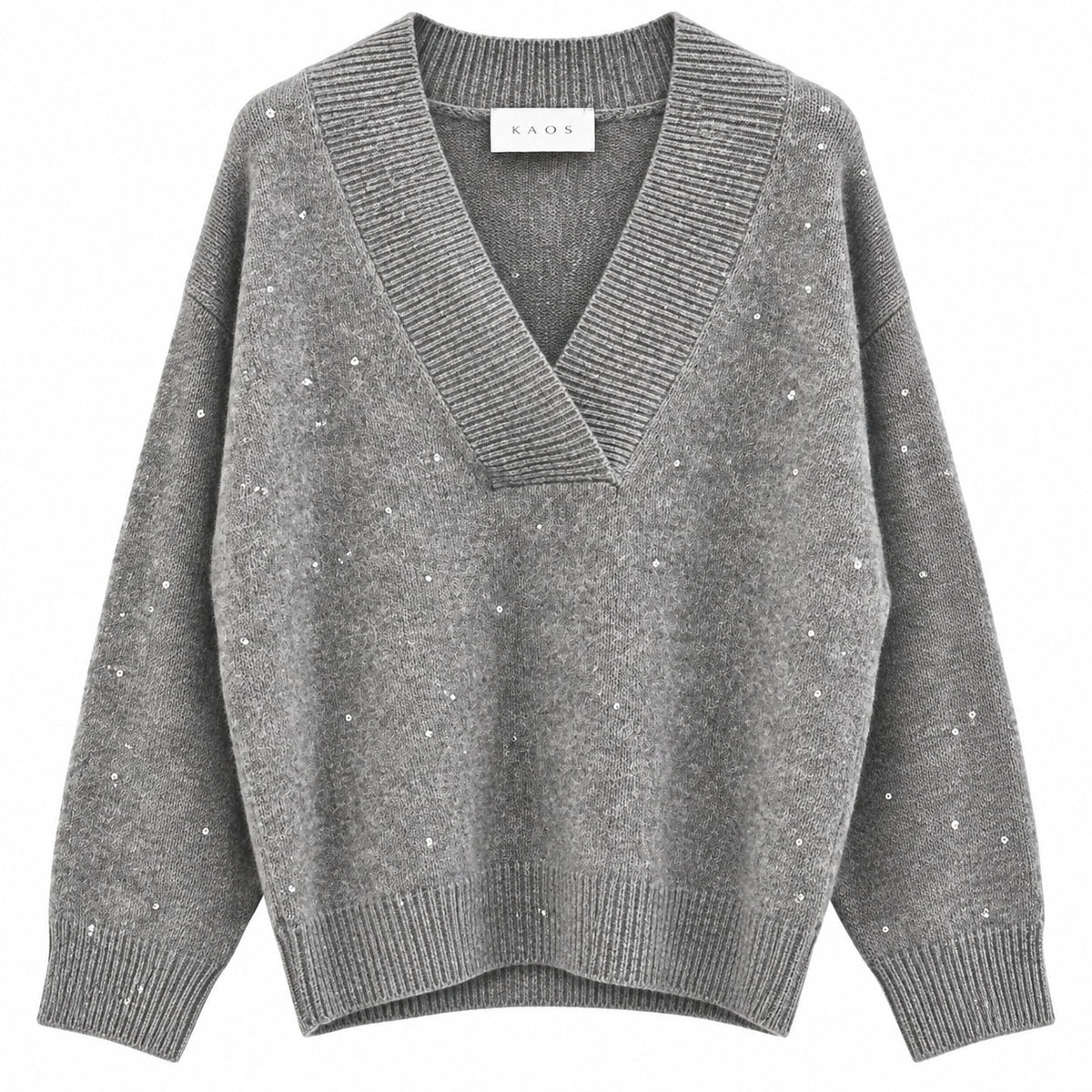 Kaos Maglia Donna Grigio Medio Melange con Scollo a V e Paillettes SI1KT020