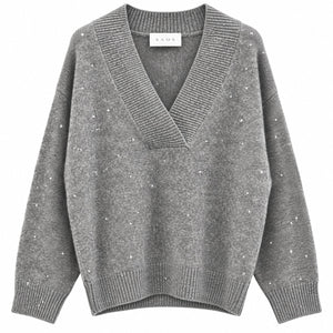 Kaos Maglia Donna Grigio Medio Melange con Scollo a V e Paillettes SI1KT020