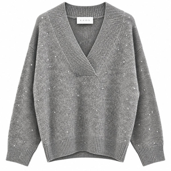 Kaos Maglia Donna Grigio Medio Melange con Scollo a V e Paillettes SI1KT020