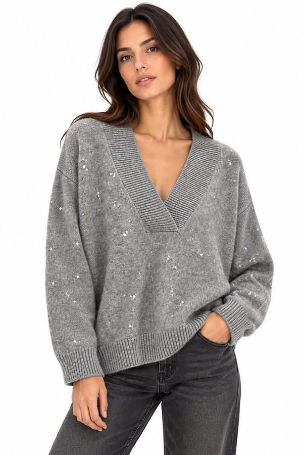 Kaos Maglia Donna Grigio Medio Melange con Scollo a V e Paillettes SI1KT020