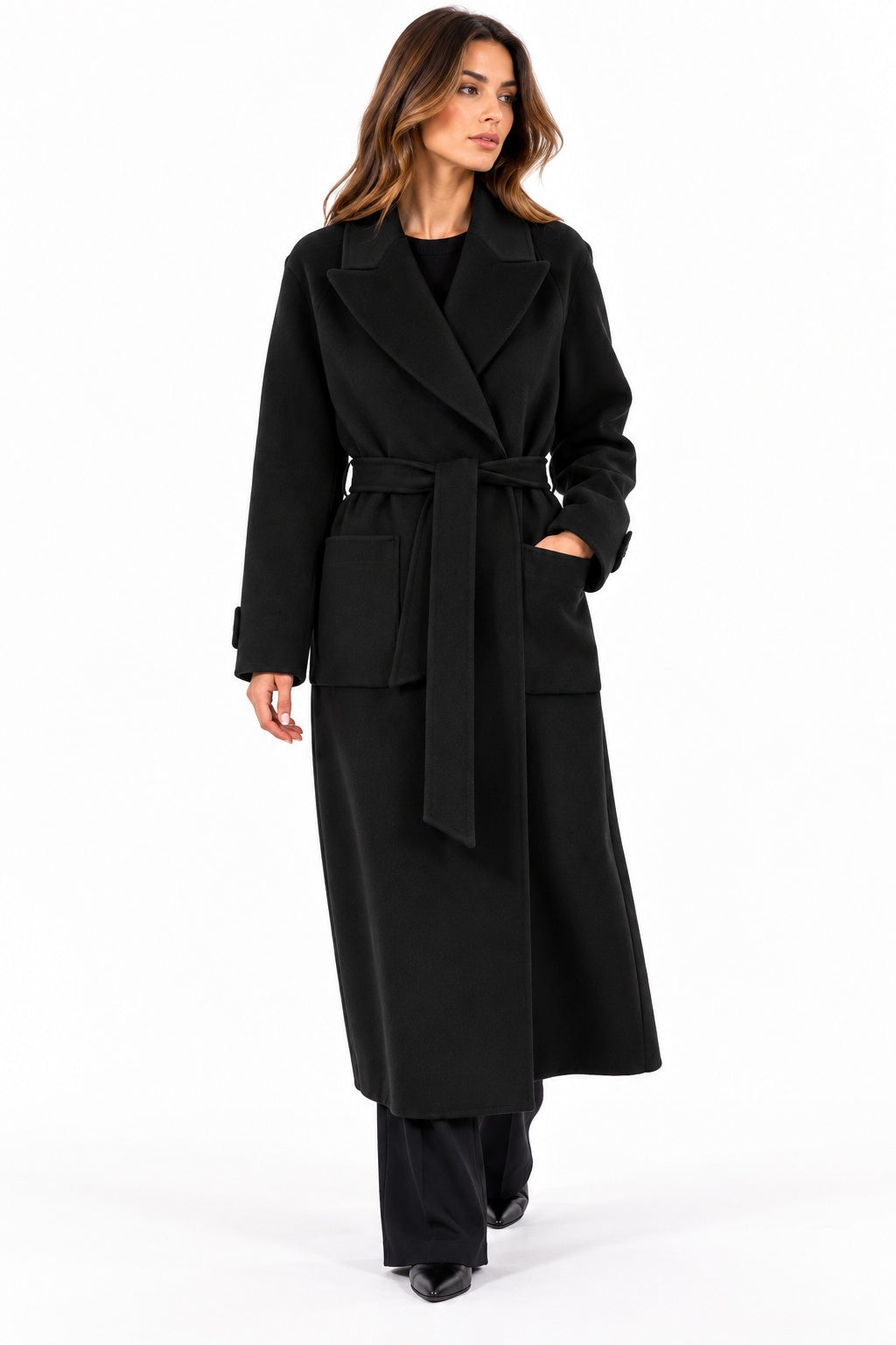 Kaos Cappotto Donna Nero in Misto Lana con Cintura SI1NT001