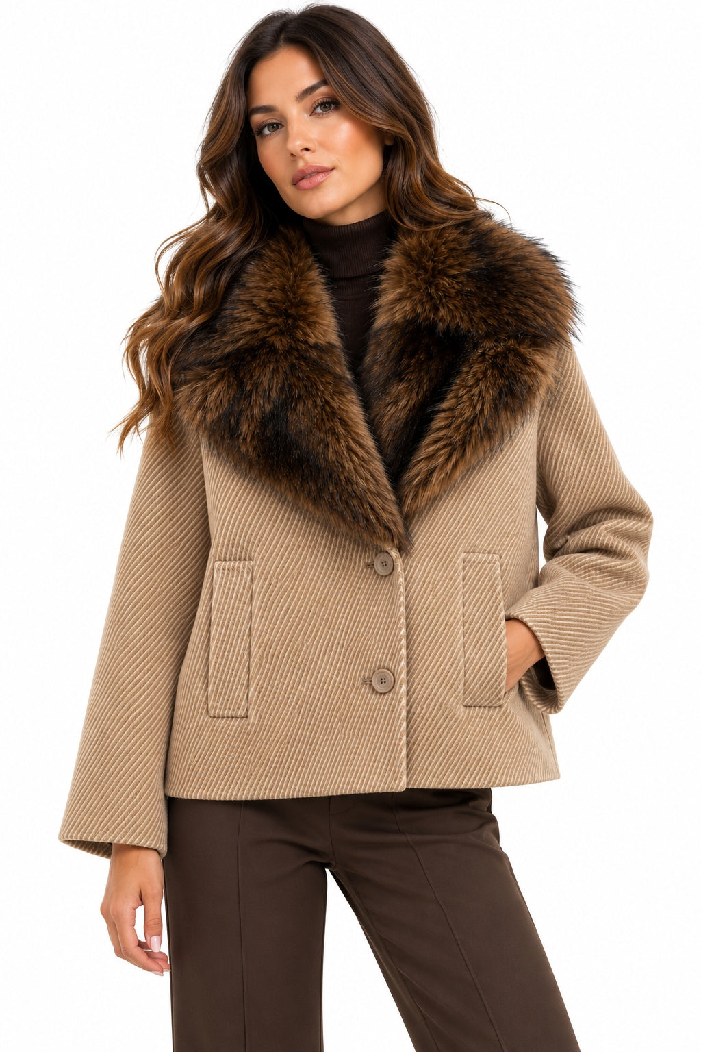 Kaos Cappotto Donna Corto Camel a Costine con Collo in Pelliccia Ecologica SI1NT027