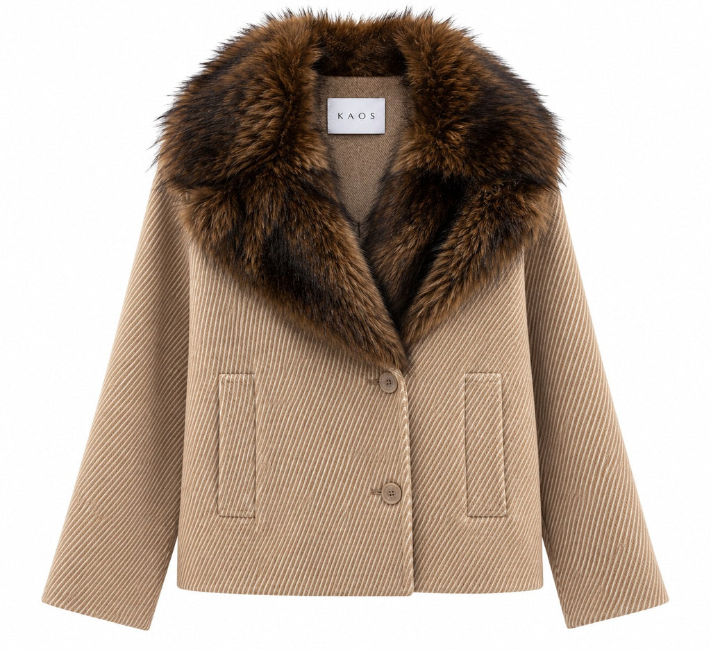 Kaos Cappotto Donna Corto Camel a Costine con Collo in Pelliccia Ecologica SI1NT027