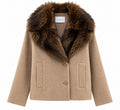 Kaos Cappotto Donna Corto Camel a Costine con Collo in Pelliccia Ecologica SI1NT027