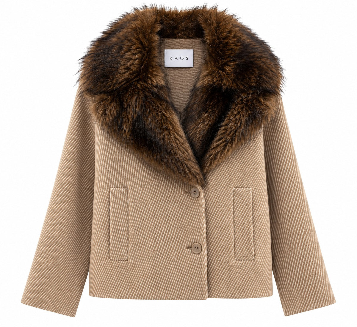 Kaos Cappotto Donna Corto Camel a Costine con Collo in Pelliccia Ecologica SI1NT027