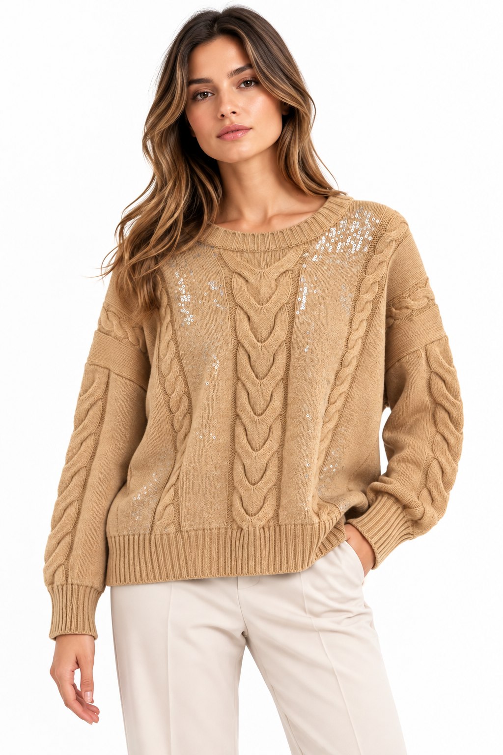 Kaos Maglia Donna Camel con Trecce e Paillettes SI1NT044-Camel