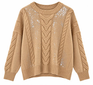 Kaos Maglia Donna Camel con Trecce e Paillettes SI1NT044-Camel
