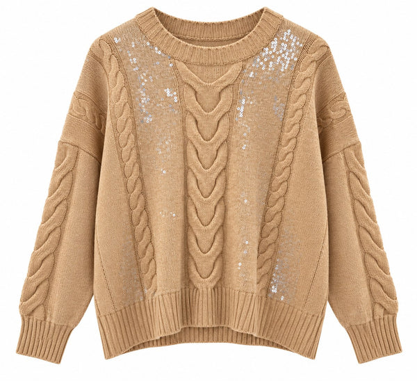 Kaos Maglia Donna Camel con Trecce e Paillettes SI1NT044-Camel