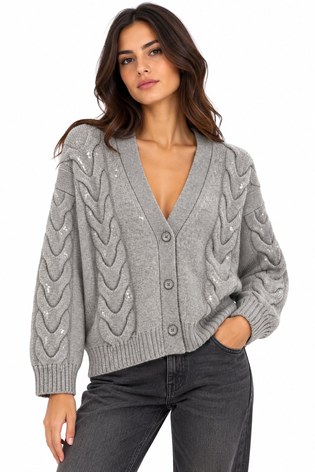Kaos Cardigan Donna Grigio Chiaro Melange con Trecce, Paillettes e Bottoni SI1NT049