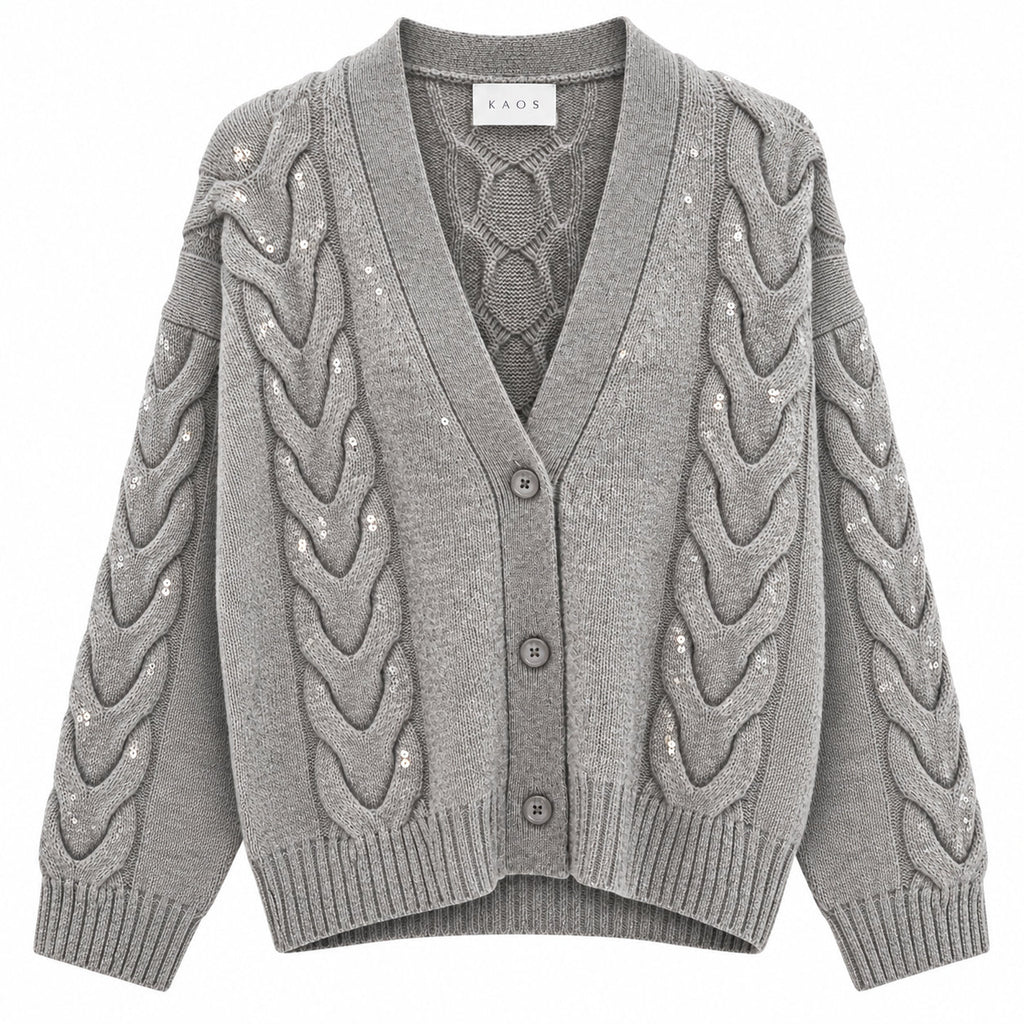 Kaos Cardigan Donna Grigio Chiaro Melange con Trecce, Paillettes e Bottoni SI1NT049