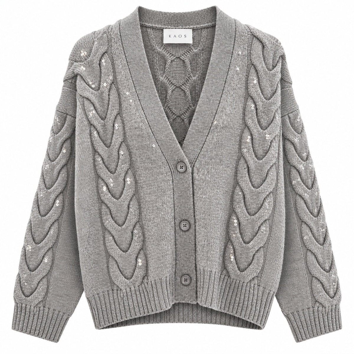 Kaos Cardigan Donna Grigio Chiaro Melange con Trecce, Paillettes e Bottoni SI1NT049