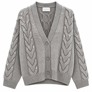 Kaos Cardigan Donna Grigio Chiaro Melange con Trecce, Paillettes e Bottoni SI1NT049