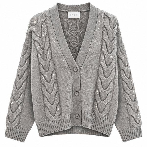 Kaos Cardigan Donna Grigio Chiaro Melange con Trecce, Paillettes e Bottoni SI1NT049
