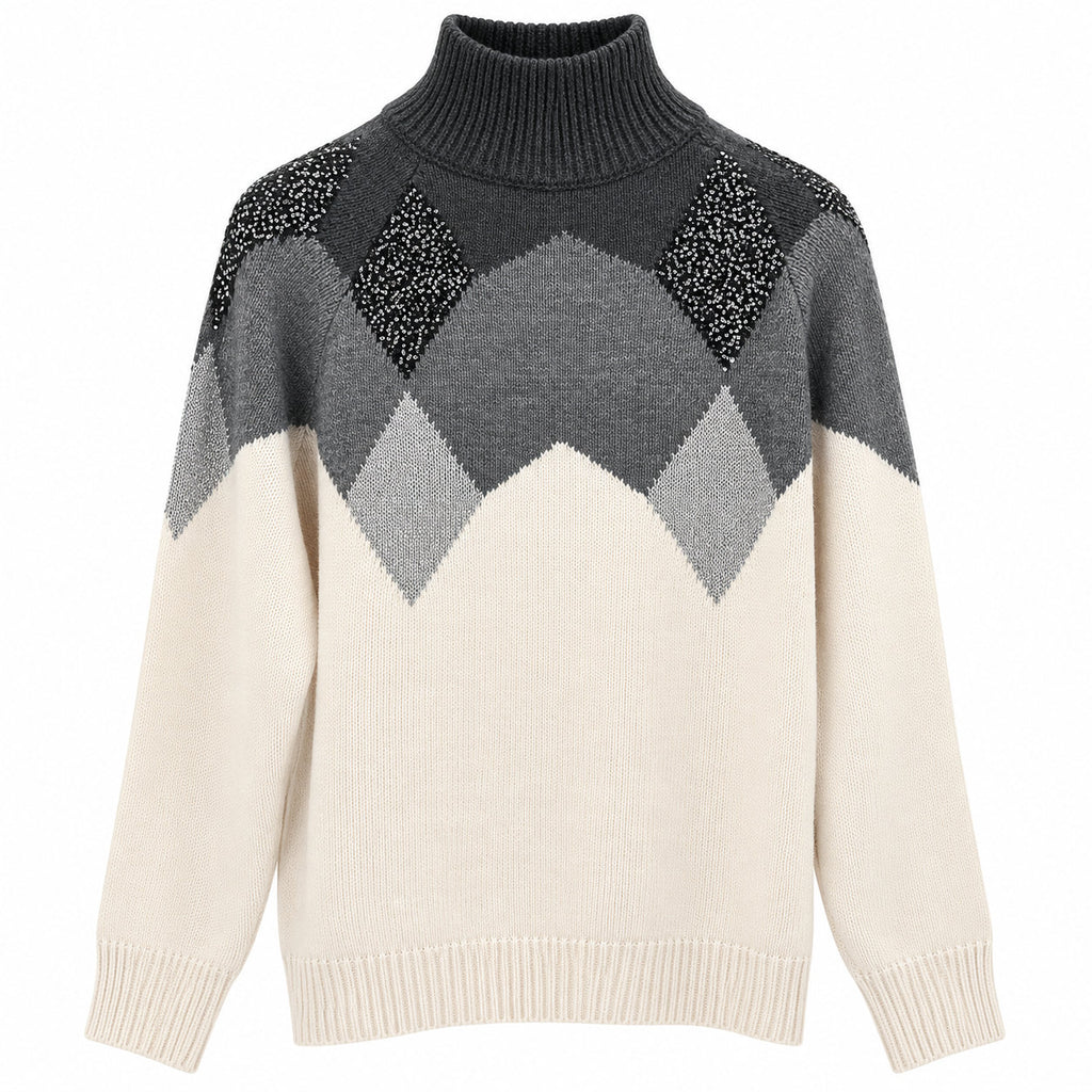 Kaos Maglia Donna Dolcevita Grigio e Panna con Fantasia Geometrica e Paillettes SI1SM008