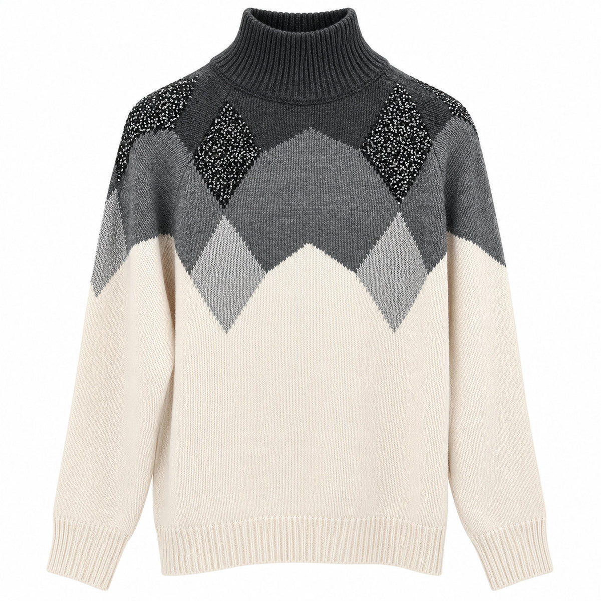Kaos Maglia Donna Dolcevita Grigio e Panna con Fantasia Geometrica e Paillettes SI1SM008