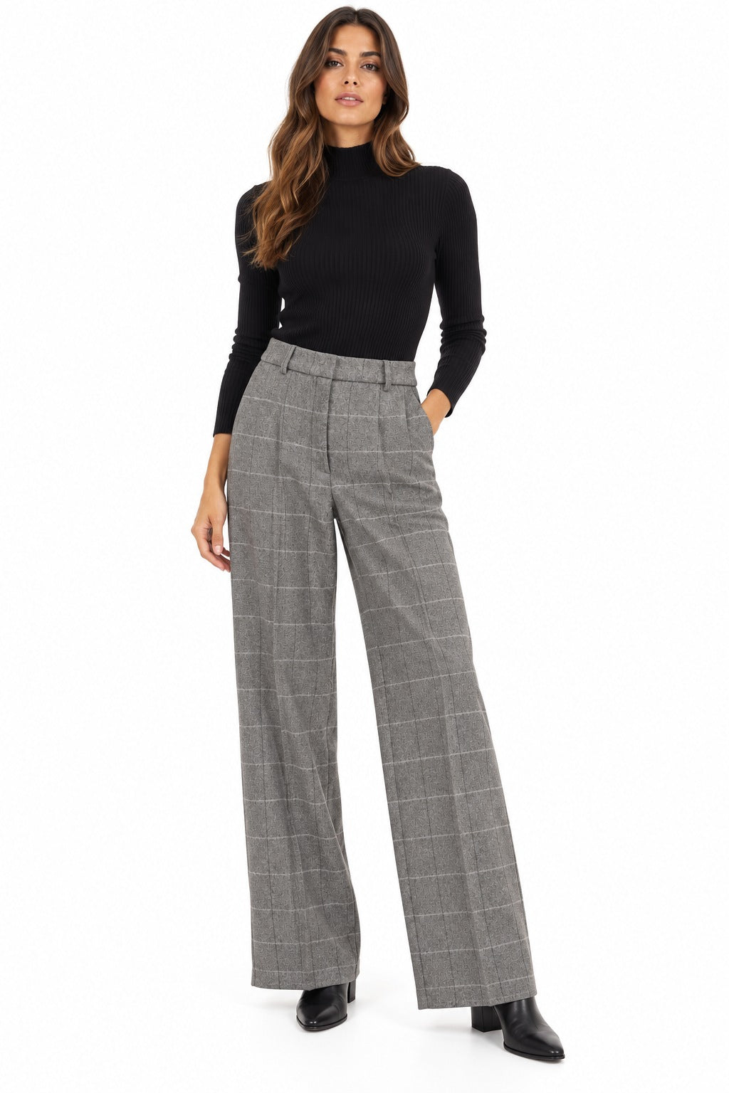 Kaos Pantalone Donna a Gamba Ampia con Fantasia a Quadri Grigio Medio SI5MR036