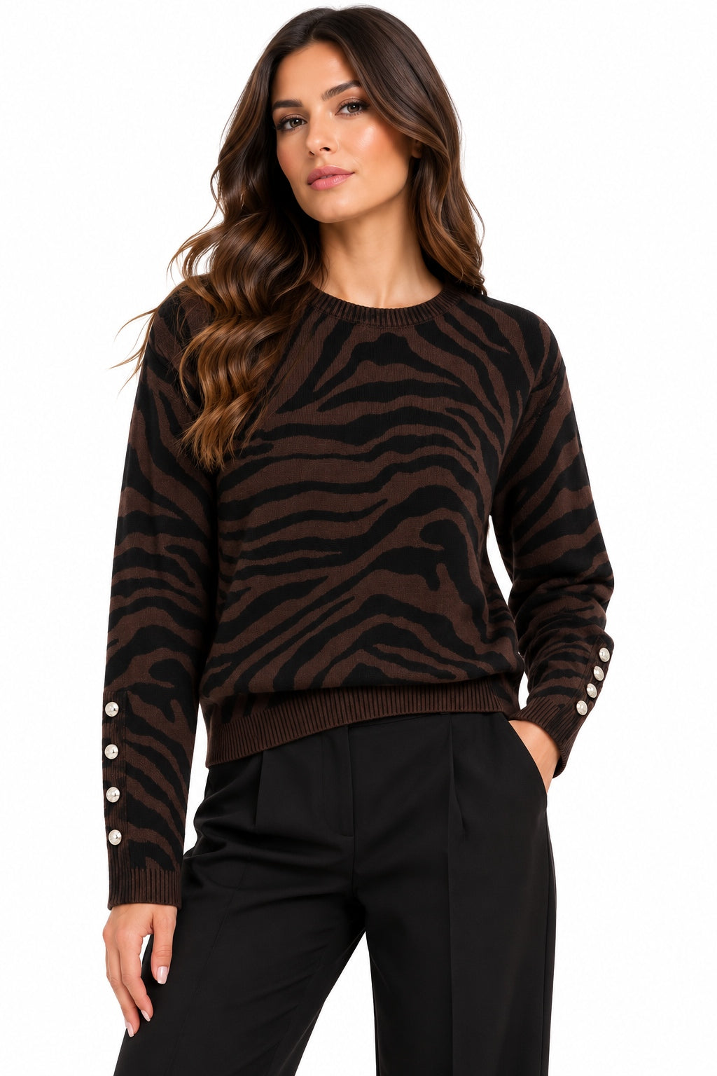 Kaos Maglia Donna Girocollo Animalier Zebrata Moro e Nero con Bottoni Gioiello SIJKT011