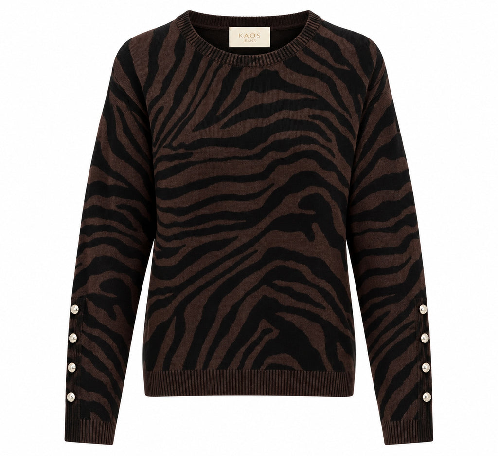 Kaos Maglia Donna Girocollo Animalier Zebrata Moro e Nero con Bottoni Gioiello SIJKT011
