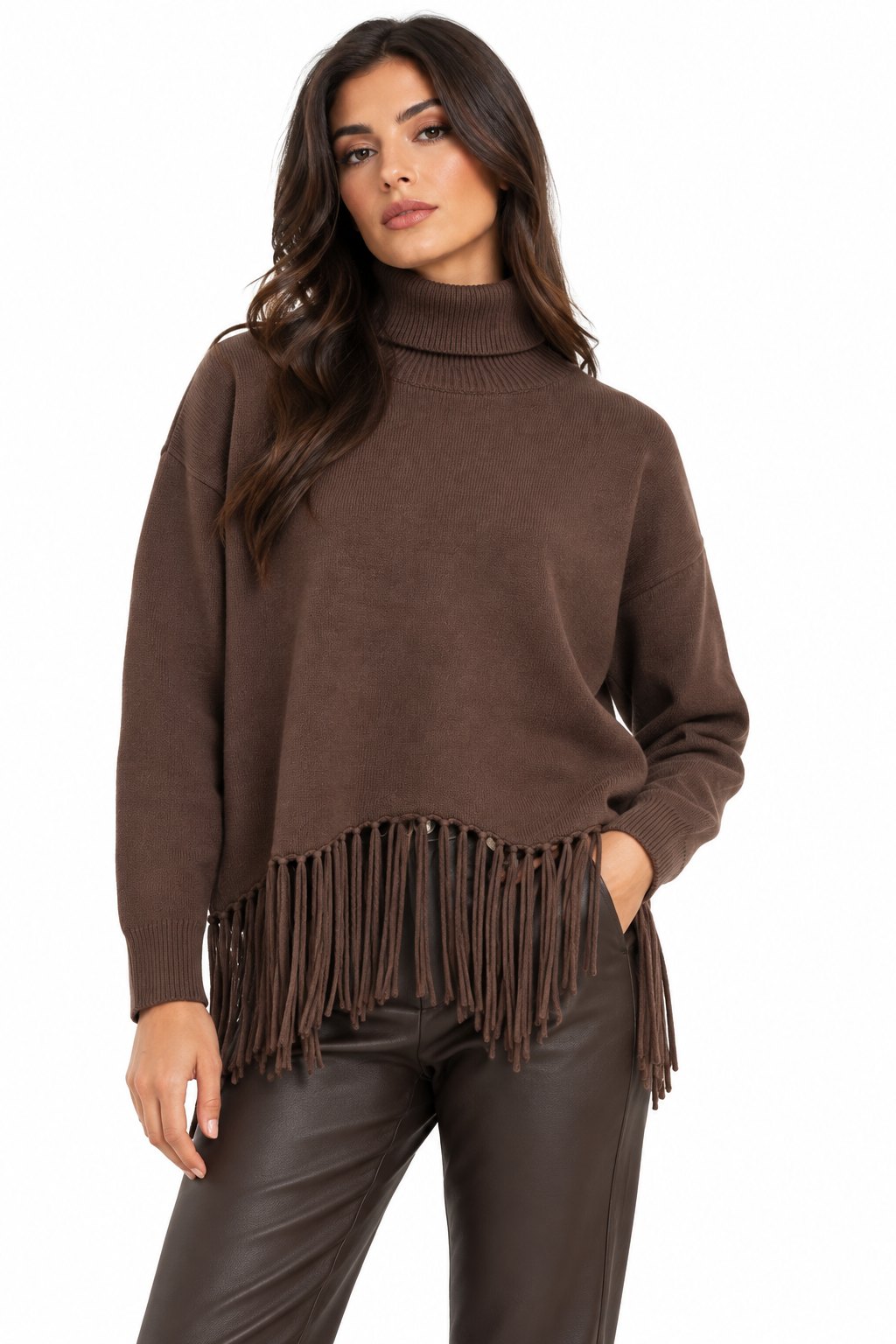 Kaos Maglia Donna con Collo Alto e Frange sul Fondo Moro SIJKT039