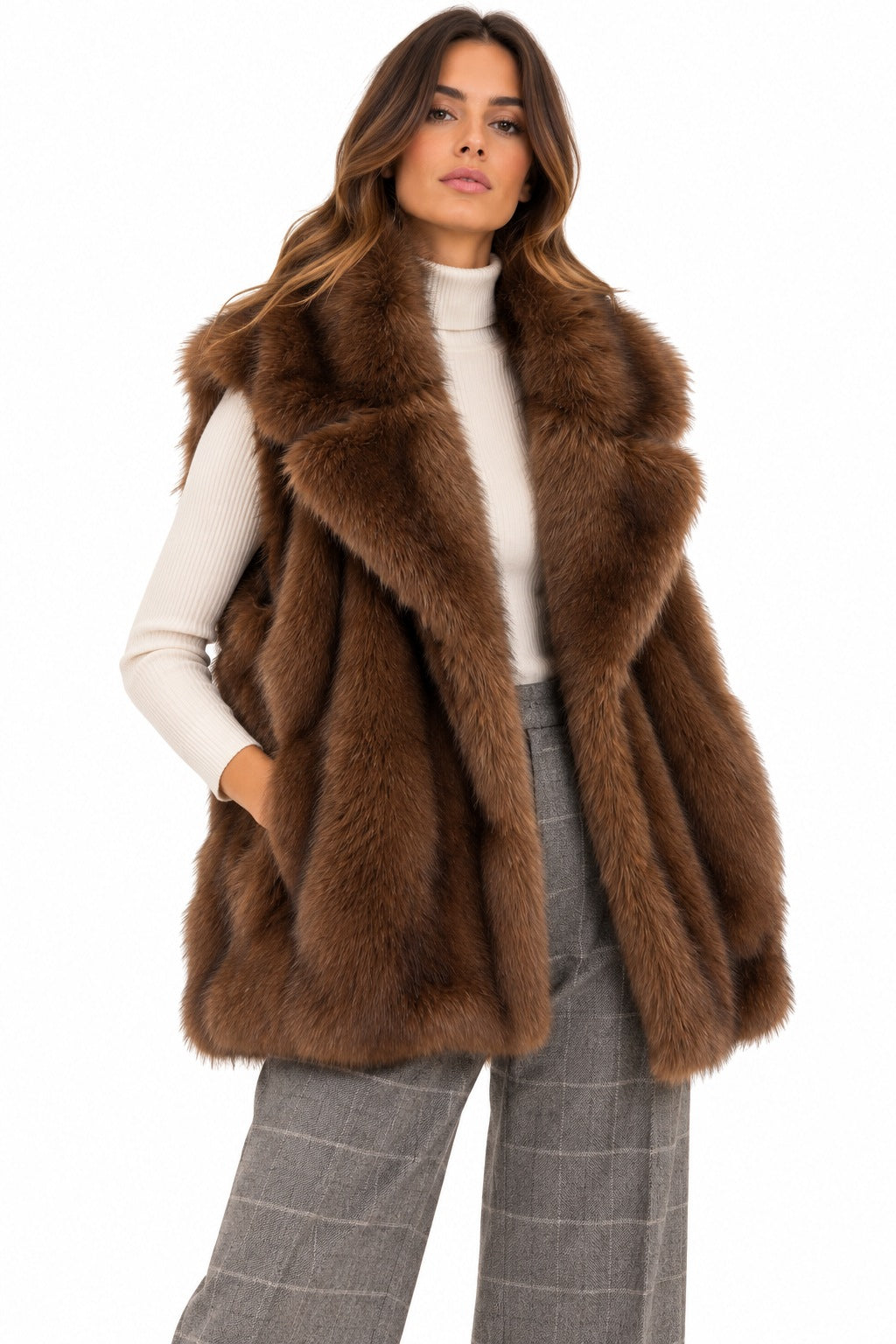 Kaos Gilet Donna in Pelliccia Sintetica con Collo Ampio Caffe SIJLE021