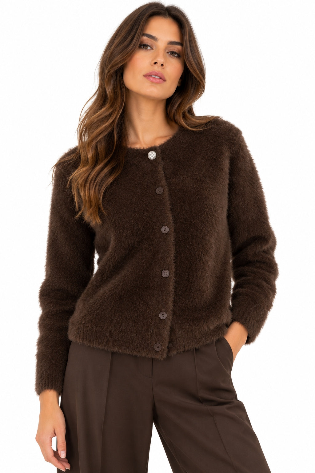 Kaos Coreana Cardigan Donna Morbida Effetto Peluche con Bottoni Moro SIJLT002