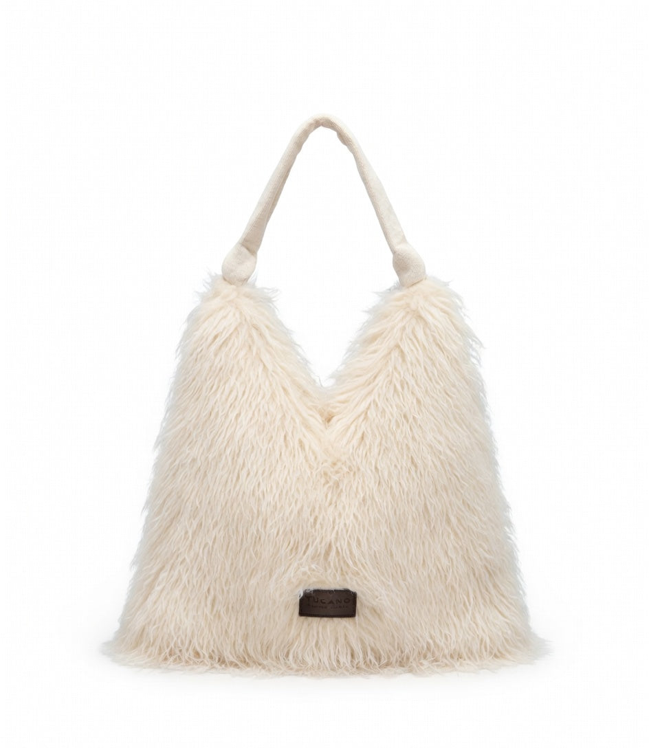Tucano Mongolian Fur Shopper Borsa Donna in Pelliccia Sintetica Avorio BMONGSH-IY