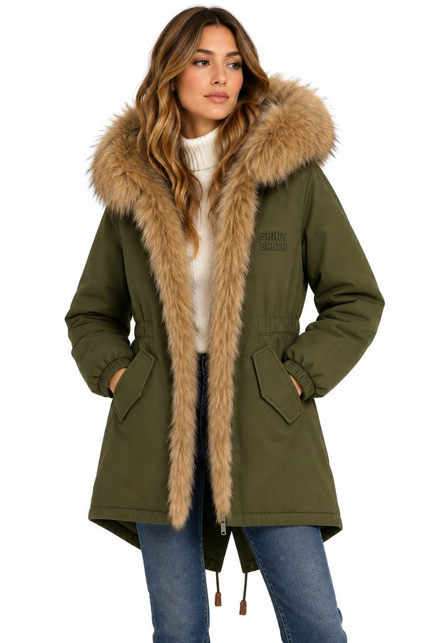 MC2 Saint Barth | Parka Donna Brenna Wax Verde Militare con Cappuccio e Bordo in Pelliccia | BNN0003-00223M