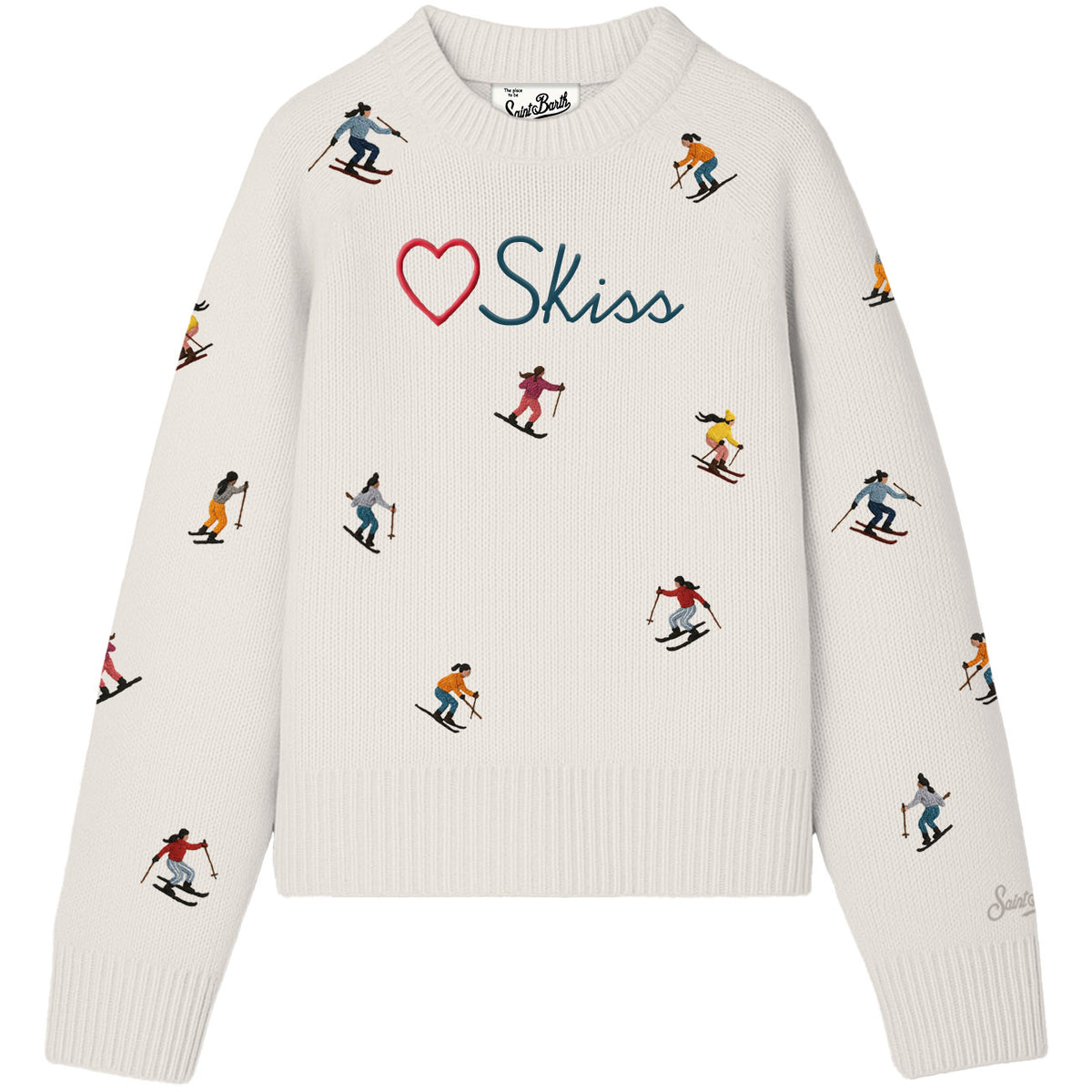 MC2 Saint Barth | Maglia Donna Kyla Love Skiss Girls Bianca con Sciatrici Ricamate | KYLA002-00233M