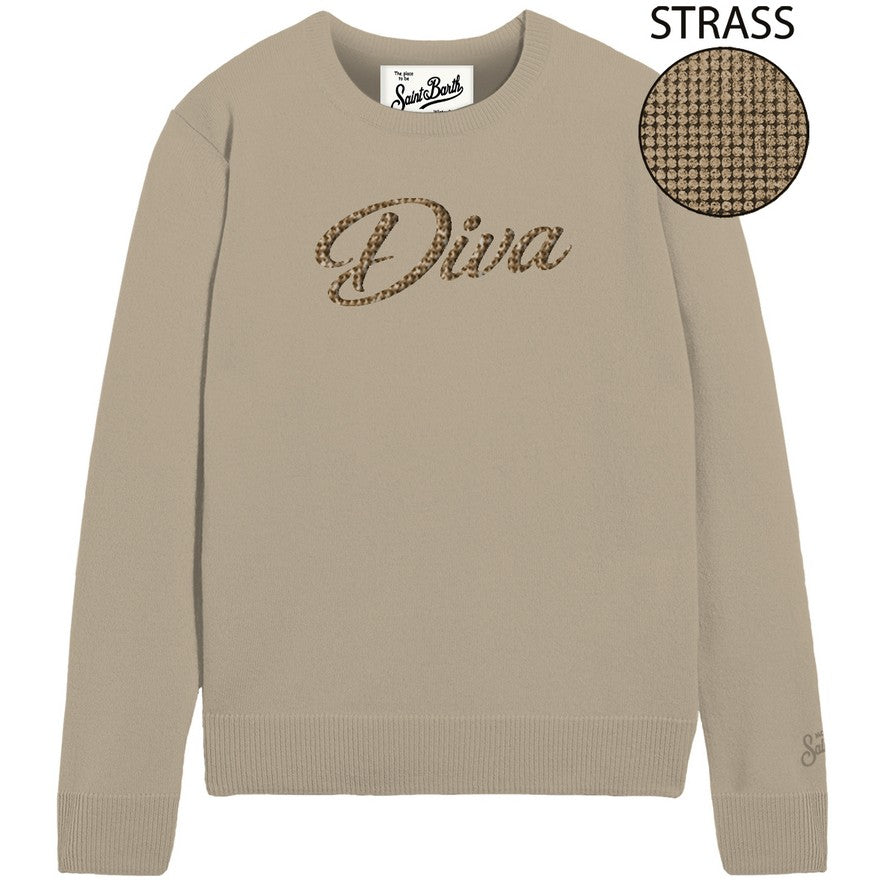 MC2 Saint Barth | Maglia Donna New Queen Diva Beige con Scritta in Strass | QUE0010-04204M