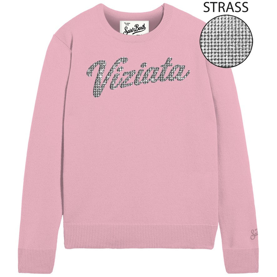 MC2 Saint Barth | Maglia Donna New Queen Viziata Rosa con Scritta in Strass Argentati | QUE0010-04346M