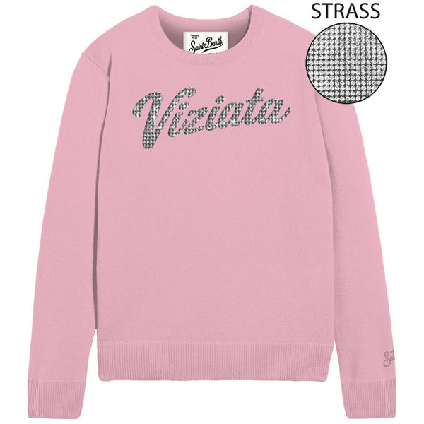 MC2 Saint Barth | Maglia Donna New Queen Viziata Rosa con Scritta in Strass Argentati | QUE0010-04346M