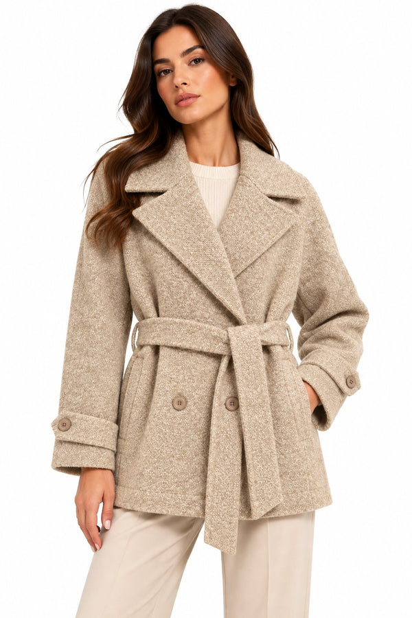 Kaos Cappotto Corto Donna Doppiopetto in Bouclé Beige con Cintura SI5NT053