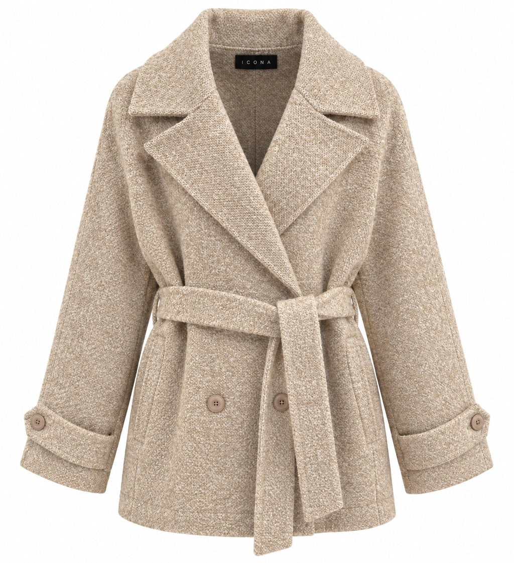 Kaos Cappotto Corto Donna Doppiopetto in Bouclé Beige con Cintura SI5NT053