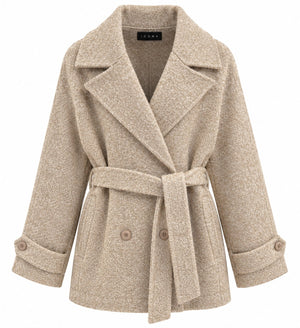 Kaos Cappotto Corto Donna Doppiopetto in Bouclé Beige con Cintura SI5NT053