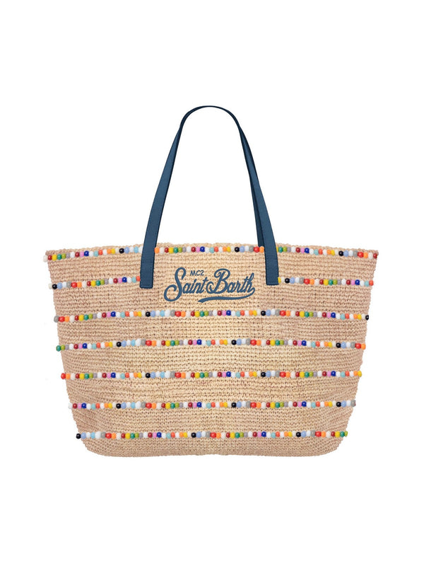 MC2 Saint Barth Borsa Donna Raffia City Mid Beige Naturale con Perline Multicolor  RAFC002 00357L