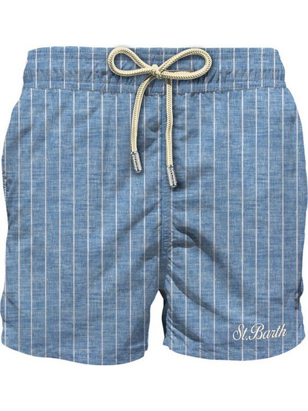 Mc2 Saint Barth Swim Short With Back Flap Pocket Syros Pinstriped Linen Den30 - Syr0001