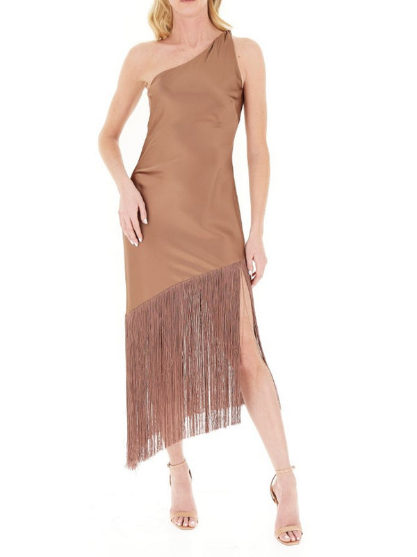 Pinko Abito Kiwi Abito Satin Con Frange Marrone - 106352-A33D-L50