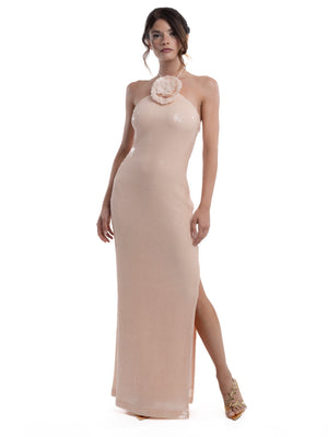 Forever Unique Abito Cerimonia Donna Flower Nude con Paillettes e Fiore 3D S2620039