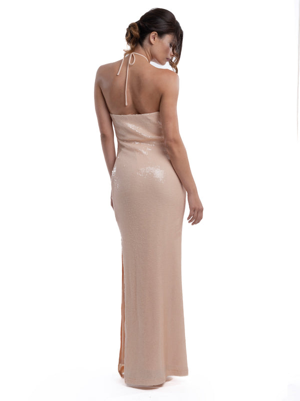 Forever Unique Abito Cerimonia Donna Flower Nude con Paillettes e Fiore 3D S2620039