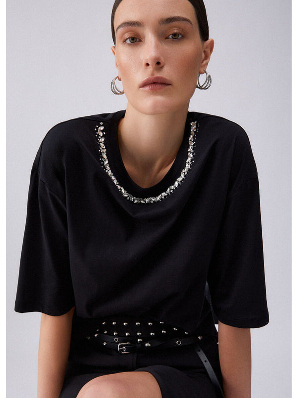 Liu jo T-shirt Nero collar motif WA6128 JS904-P9320