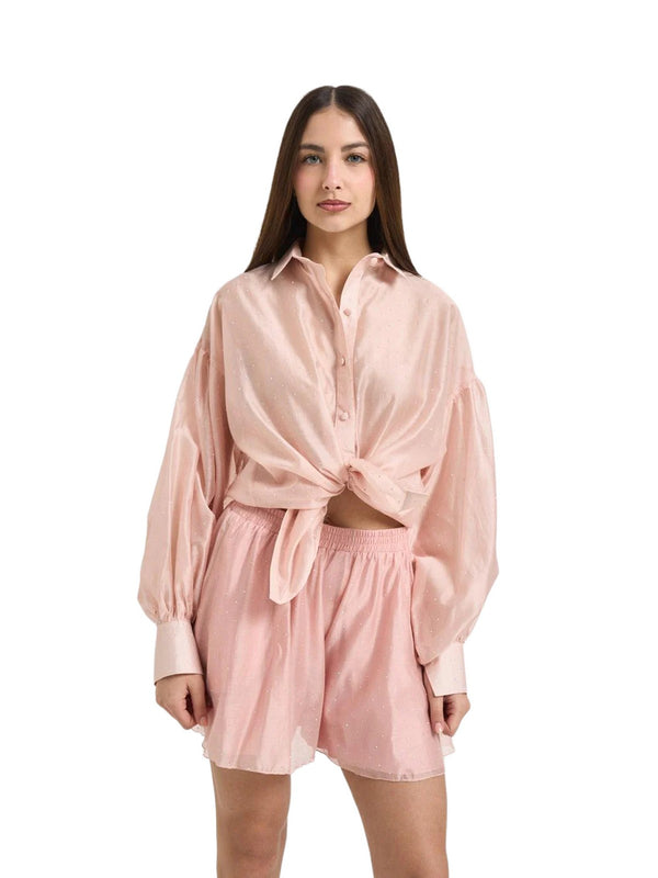 Actualee Camicia Donna Rosa Cipria con Strass All Over e Maniche Balloon  Art. 16147 CA000611