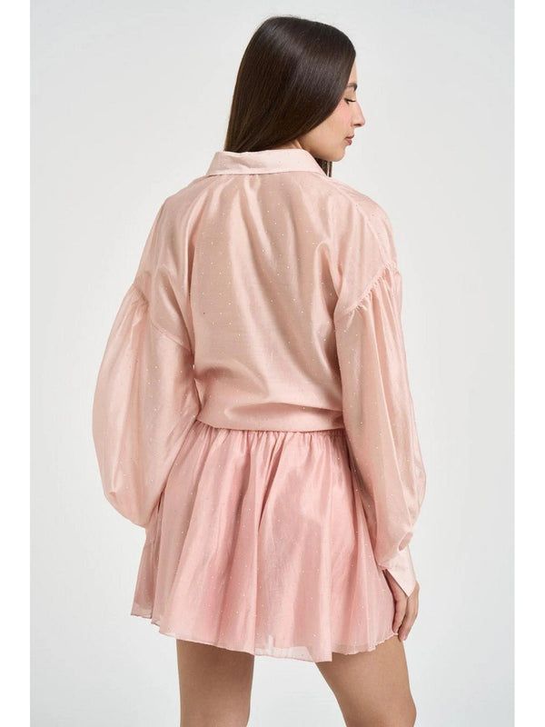 Actualee Camicia Donna Rosa Cipria con Strass All Over e Maniche Balloon  Art. 16147 CA000611