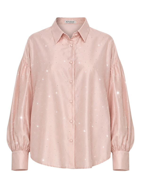 Actualee Camicia Donna Rosa Cipria con Strass All Over e Maniche Balloon  Art. 16147 CA000611