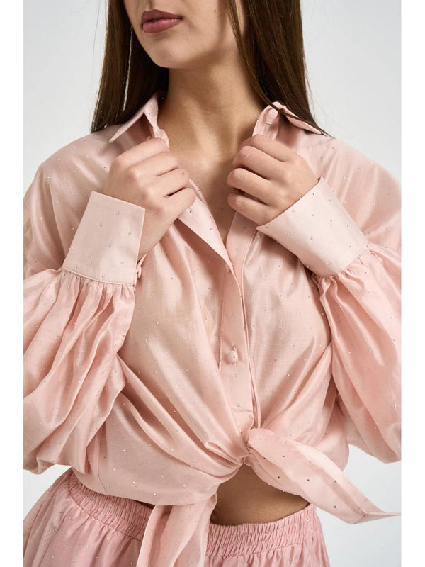 Actualee Camicia Donna Rosa Cipria con Strass All Over e Maniche Balloon  Art. 16147 CA000611