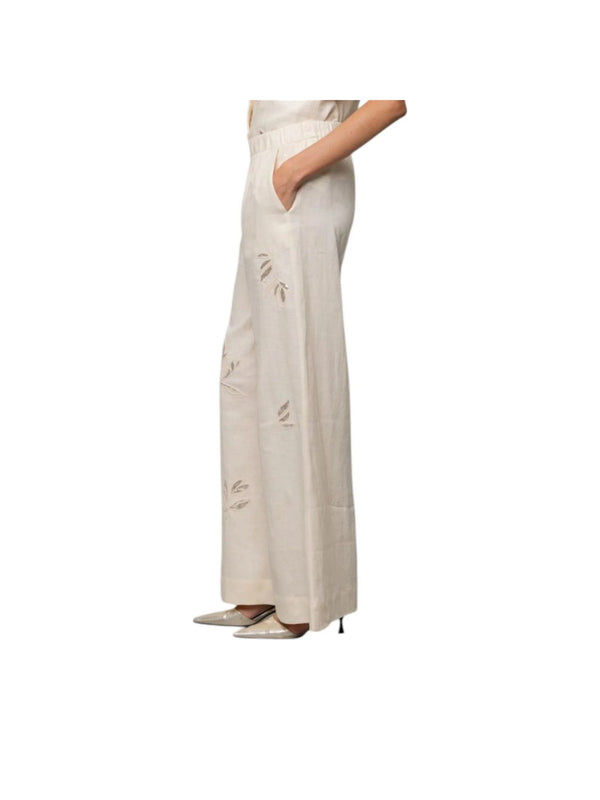 Pantaloni donna di lino ricamati con elastico