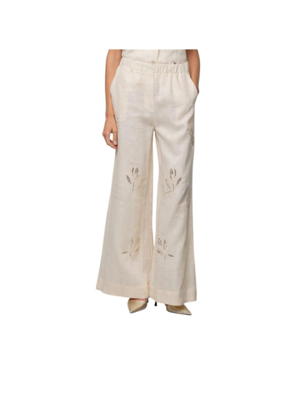 Pantaloni donna di lino ricamati con elastico