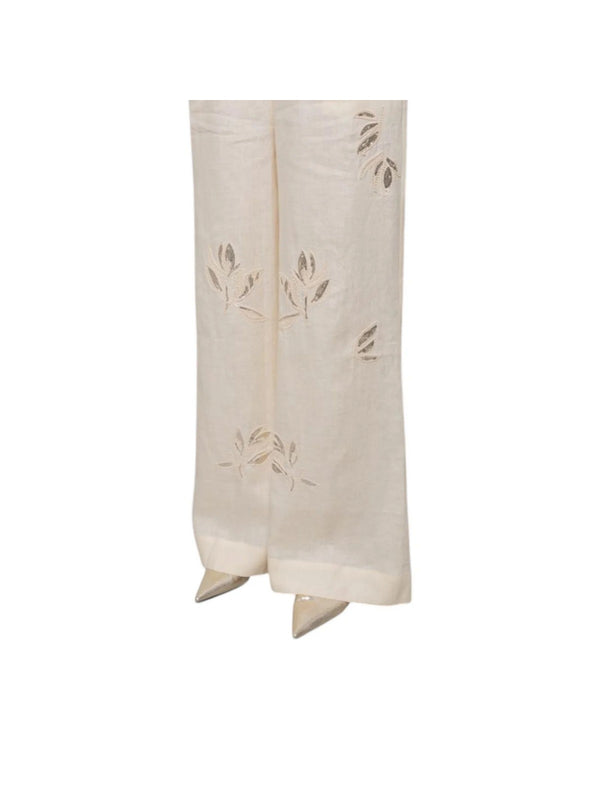 Pantaloni donna di lino ricamati con elastico
