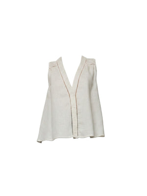 Top camicia smanicato in lino svasato con ricamo cut-out