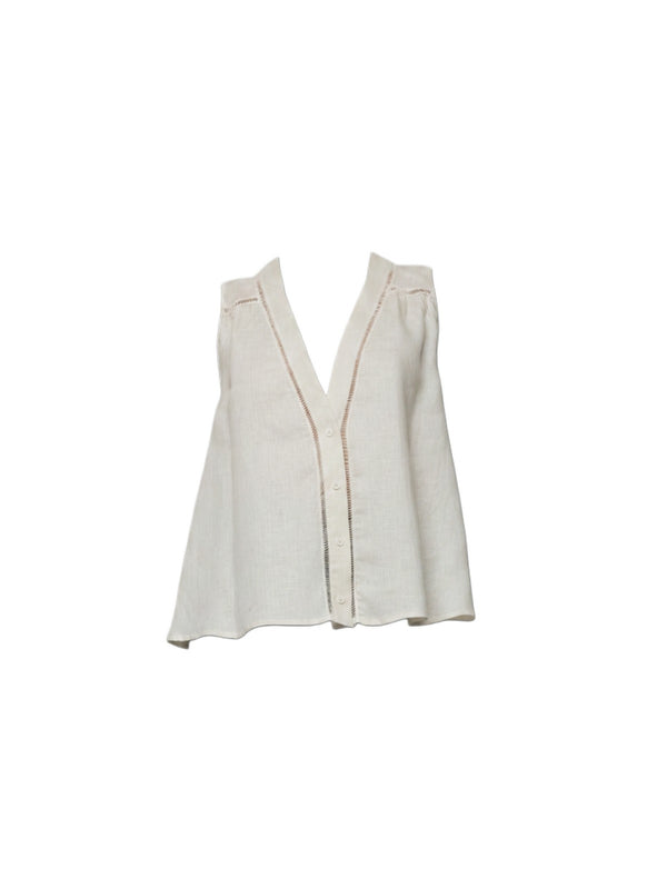 Top camicia smanicato in lino svasato con ricamo cut-out