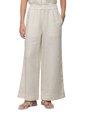 Pantalone in lino con elastico in vita e ricamo laterale